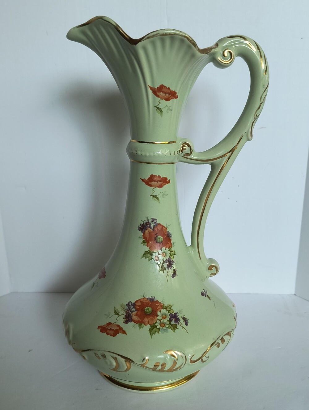 Vintage Floral Porcelain Ewer Pitcher in Mint with Gold Trim